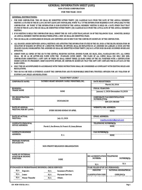 GENERAL INFORMATION SHEET (GIS) FOR THE YEAR 2020 .